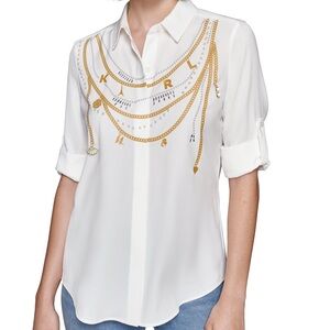 NWT Women KARL LAGERFELD Chain-Printed Charms & pearls Button-Front Top various
